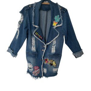 Distressed Long Denim Coat Jacket Patches Hot & Delicious Size Medium